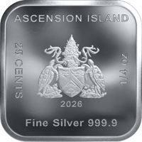 Square Coin von Ascension Island zu 1/4 Unze: oben ASCENSION ISLAND, in der Mitte das Wappen, links 25 CENTS, unten Fine Silver 999.9
