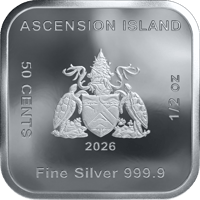 Square Coin von Ascension Island zu 1/2 Unze: oben ASCENSION ISLAND, in der Mitte das Wappen, links 50 CENTS, unten Fine Silver 999.9