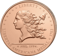 Kupfermünze Libertas Americana 2026: ein Frauenkopf mit wehendem Haar, oben LIBERTY, unten LIBERTAS AMERICANA MEDAL