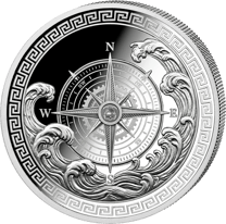 Atlas in Silber, Seite mit Kompassrose und dem Wappen Liberias