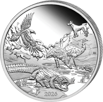 The Outback 2026 in Silber, Bildseite mit Keilschwanzadler, Emus, Dingo und Krokodil