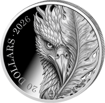Phönix 2026 in Silber, Wertseite mit einem Phönixkopf und der Umschrift 20 DOLLARS 2026 Republic of Liberia
