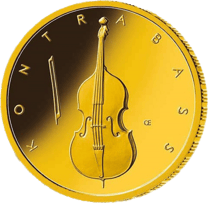50‑Euro‑Goldmünze Kontrabass 2018, Bildseite: ein Kontrabass mit Bogen, am Rand der Schriftzug KONTRABASS