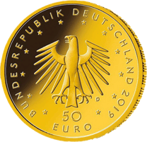50‑Euro‑Goldmünze Hammerflügel 2019, Wertseite: Adler, zwölf Sterne, BUNDESREPUBLIK DEUTSCHLAND, 2019, 50 EURO und ein Münzzeichen