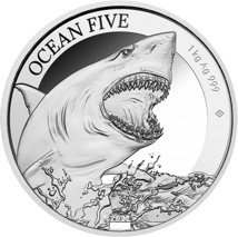 1kg Silber Ocean Five Weißer Hai 2022 (Auflage: 100 | Polierte Platte | Zertifikat Nr. 100)