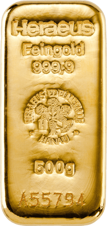 500g Goldbarren Heraeus (Gussbarren)