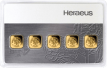 5 x 1g Heraeus Multicard Goldbarren