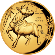 1 Unze Gold Lunar III Ochse 2021 PP HR (Auflage: 188 | Polierte Platte | High Relief)