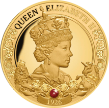 1 Unze Gold 95. Geburtstag Queen Elisabeth II. 2021 PP (Auflage: 150| Polierte Platte | mit echtem Rubin)