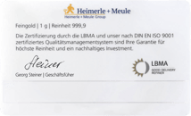 1g Gold Bar Heimerle und Meule Valentine's Day FineCard