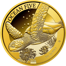 1 Unze Gold Ocean Five Schildkröte 2022 PP (Auflage: 100 | Polierte Platte | Zertifikat Nr. 100)