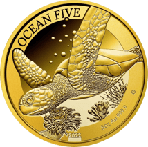 5 Unze Gold Ocean Five Schildkröte 2022 PP (Auflage: 33 | Polierte Platte | Zertifikat Nr. 1)