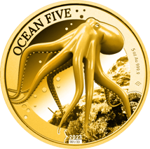 5 Unze Gold Ocean Five Oktopus 2023 PP (Auflage: 33 | Polierte Platte | Zertifikat Nr. 1)