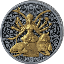 1 Unze Silber Durga Hindu Göttin (Auflage: 999 | teilvergoldet | Ruthenium | High Relief | Polierte Platte)