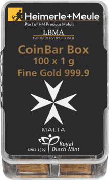 100 x 1g Gold Heimerle und Meule Malta Münzbarren UnityBox