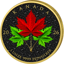 1 Unze Silber Triple Maple Leaves Green and Red 2026 (Auflage: 100 | Iced Out | teilvergoldet)