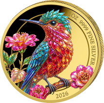 1 onza de plata Colibrí de cristal 2026 (tirada: 100 | prisma | dorada)
