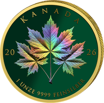 1 onza de plata Triple Maple Leaves Gold Green 2026 (tirada: 100 | holograma | dorada)