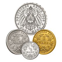 Kaiserreich Silber-Nominale – ½, 1 & 3 Mark Original plus vergoldete Gedenk-Mark