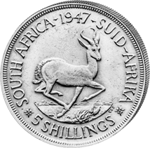 5 Shilling Silber Springbock 1947 (Legendärer Springbock des Krügerrand | Erster Jahrgang | Portrait Georg VI)