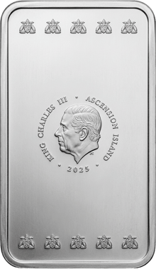 Andere Seite: das Porträt von König Charles III., ringsum KING CHARLES III und ASCENSION ISLAND, darunter 2025, oben und unten je fünf kleine Wappen