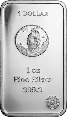Münzbarren von Ascension Island zu einer Unze, Seite mit dem Nennwert: oben 1 DOLLAR, darunter ein Segelschiff im Kreis, unten 1 oz Fine Silver 999.9