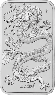 Münzbarren Drache 2026 der Perth Mint, Bildseite: ein chinesischer Drache, unten die Jahreszahl 2026, oben rechts das Münzzeichen P