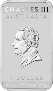 Andere Seite desselben Münzbarrens: oben CHARLES III und AUSTRALIA, in der Mitte das Porträt von König Charles III., unten 1 DOLLAR und 1oz 9999 Ag