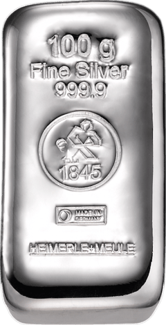 Gegossener Silberbarren von Heimerle + Meule zu 100 Gramm von oben: 100 g, Fine Silver 999.9, darunter das Rundzeichen mit 1845