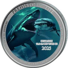 Megalodón, imagen de la moneda