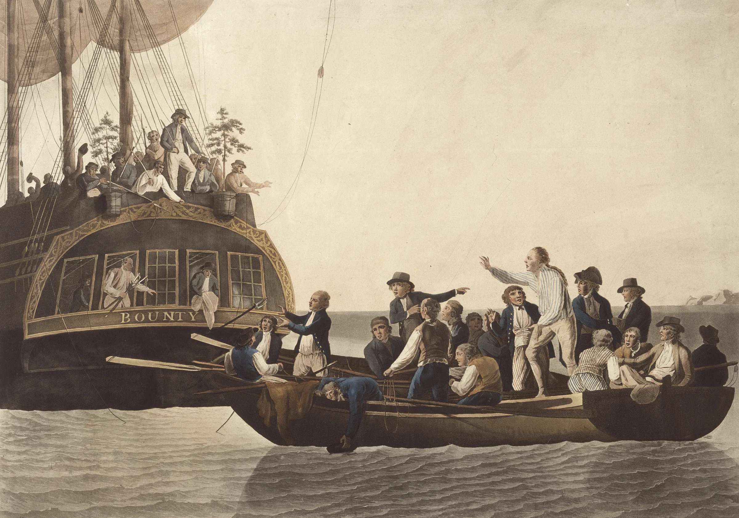 Aquatinta: Am Heck eines Segelschiffs mit dem Namen BOUNTY wird ein voll besetztes Beiboot ins Wasser gelassen; Männer an Deck schauen zu.