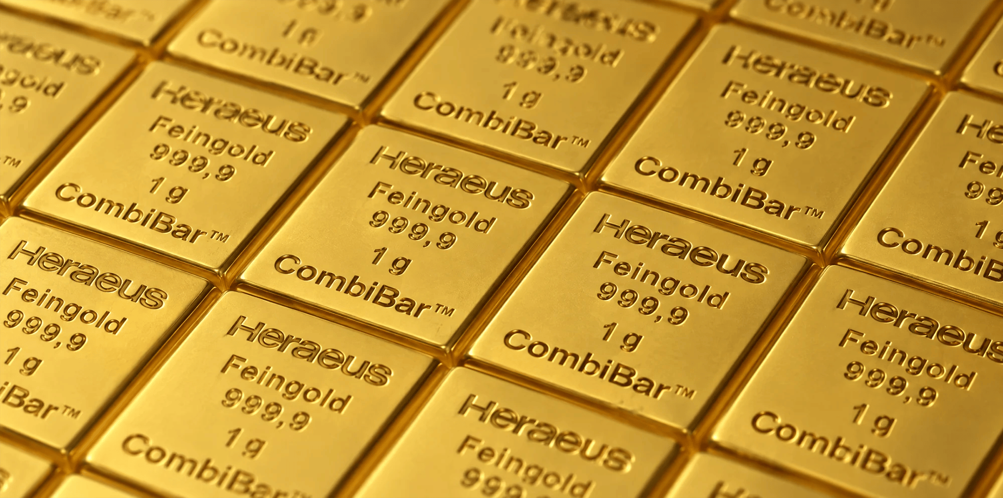 Close-up of the one gram fields with Heraeus, Feingold 999,9 and 1 g