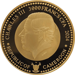 Shepherd 2024 in Gold, Wertseite mit der Umschrift CHARLES III 3000 FRANCS CFA REPUBLIC OF CAMEROON