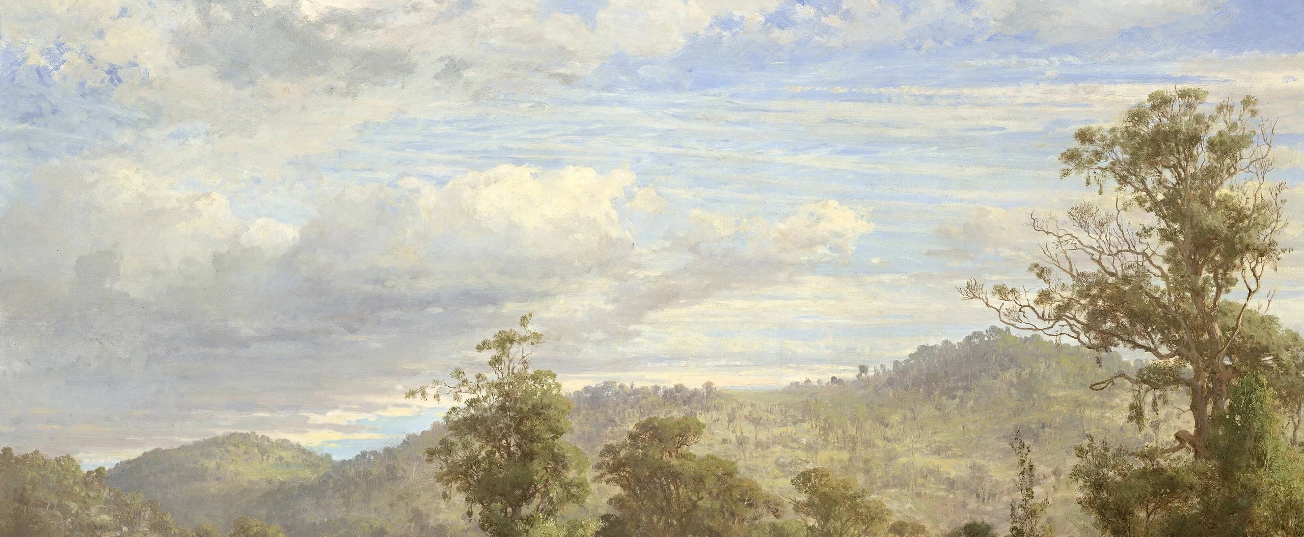 Painting: a wide hilly landscape in Victoria with eucalyptus trees under a bright, cloudy sky