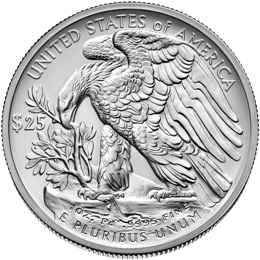 Reverse of the 2017 palladium coin: an eagle on a rock with a branch in its beak, UNITED STATES OF AMERICA above, $25 on the left, 1 OZ. Pd .9995 FINE and E PLURIBUS UNUM below