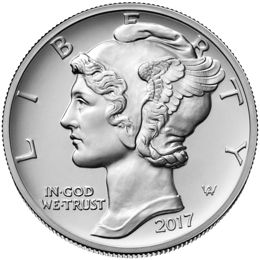 Obverse of the 2017 palladium coin: the Winged Liberty, a woman’s head in profile facing left with a winged cap, LIBERTY above, 2017 below