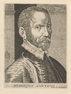 Kupferstich: Hubert Goltzius mit Halskrause, darunter sein Name
