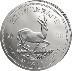Krügerrand 2026 in Silber als Anlagemünze: Springbock auf glänzendem Grund, oben KRUGERRAND, links und rechts 20 und 26, unten FYNSILWER 1 OZ FINE SILVER R1