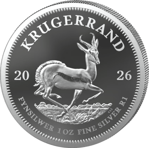 Krügerrand 2026 in Silber in Polierter Platte: Springbock und Schrift matt auf dunkel spiegelndem Grund