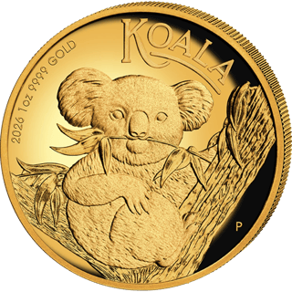 Koala coin 2026, reverse: a koala sits in a eucalyptus tree, holding a leafy sprig in its mouth