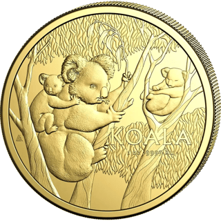 Koala coin 2026, reverse: three koalas among eucalyptus branches, with leaves forming a pattern behind them