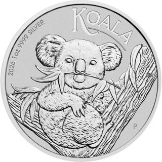 Koala coin 2026, reverse: a koala sits in a eucalyptus tree, holding a leafy sprig in its mouth