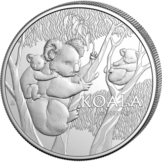 Koala coin 2026, reverse: three koalas among eucalyptus branches, with leaves forming a pattern behind them