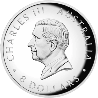 Schwan 2025 in Silber, Wertseite mit der Umschrift CHARLES III AUSTRALIA 8 DOLLARS