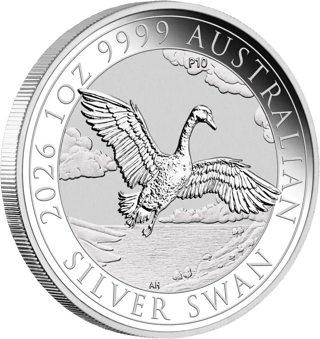 Schwan 10. Jubiläum in Silber, schräg aufgenommen, mit geriffeltem Rand
