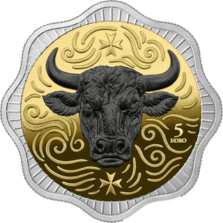 Maltese Ox 2025, reverse: wavy coin with a silver rim, a gold field and a black ox head