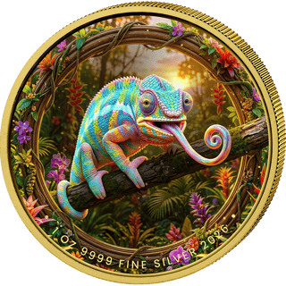 Chameleon 2026, reverse: coloured chameleon, the rim in gold