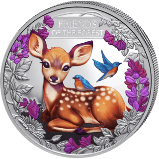 Fawn 2026, reverse: fawn and birds in a forest, coloured