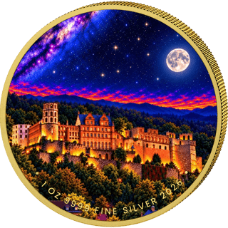 Heidelberger Schloss, Bildseite: Heidelberger Schloss bei Nacht, farbig, der Rand golden
