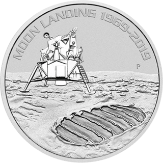 Boot print, silver, reverse: the lunar module behind a large boot print